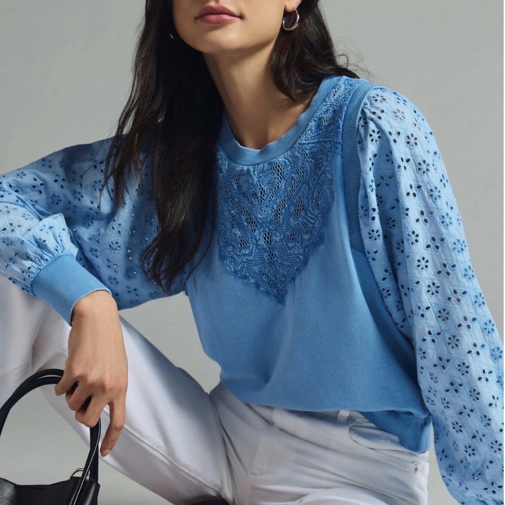 Pilcro | Blue Eyelet Lace Long Sleeve Top, XL